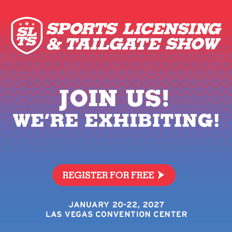 Event poster for the Sports Licensing & Tailgate Show; invites to join and register for free; Jan 20–22, 2027 in Las Vegas.