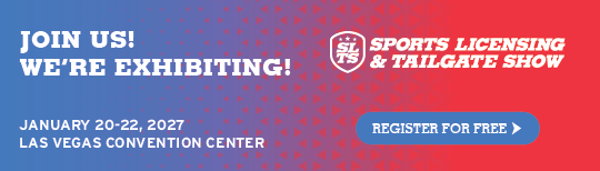 Banner promoting the Sports Licensing & Tailgate Show exhibition, January 20–22, 2027 at the Las Vegas Convention Center, with a 'Register for Free' button.