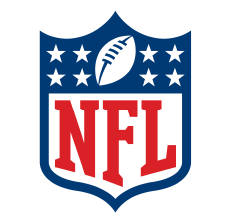 NFL logo: blue shield with red 'NFL' lettering and a white football icon at the top center, surrounded by white stars
