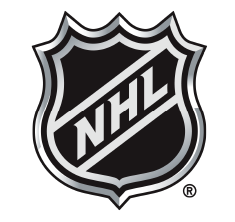National Hockey League (NHL) shield logo on a dark shield with silver border and diagonal NHL lettering.