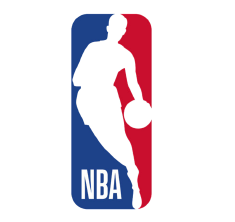 Official NBA logo: white silhouette of a basketball player on a blue-and-red vertical panel.