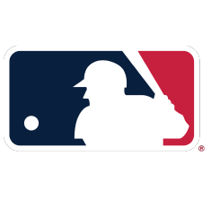 MLB logo: white batter silhouette on navy blue and red background inside a rounded rectangle
