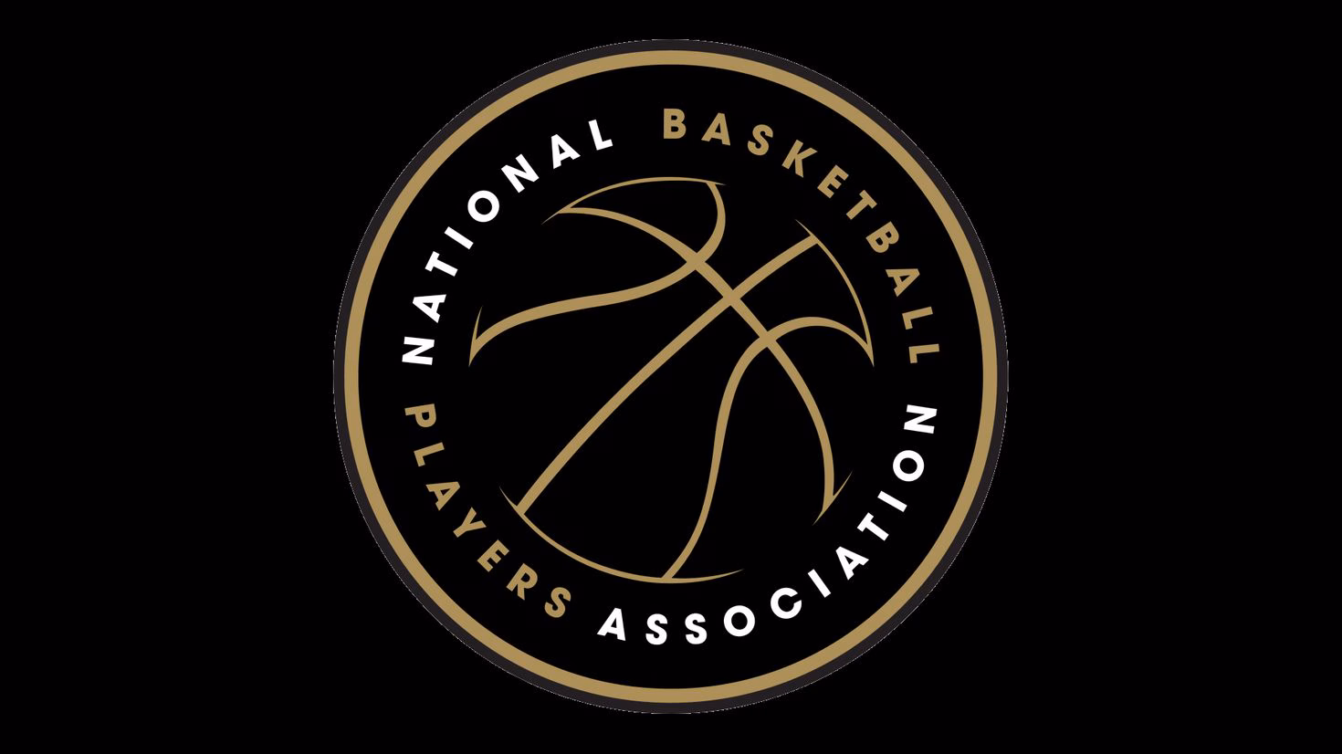 NBPA logo: circular black badge with a gold border and the text 'National Basketball Players Association' around the edge, with an abstract basketball design in the center.